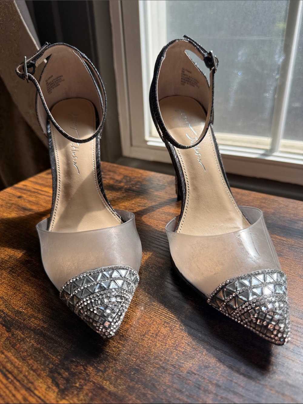 Betsey Johnson Silver-Tone Embellished Pointed-Toe Ankle Strap Pumps